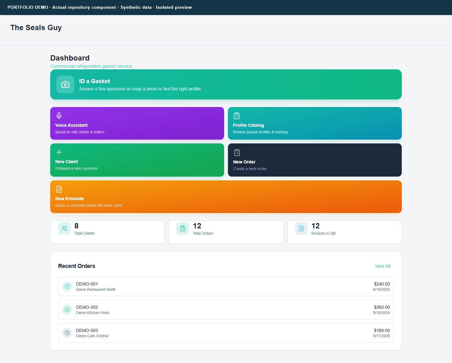 Field-service application dashboard rendered with sample customers and orders